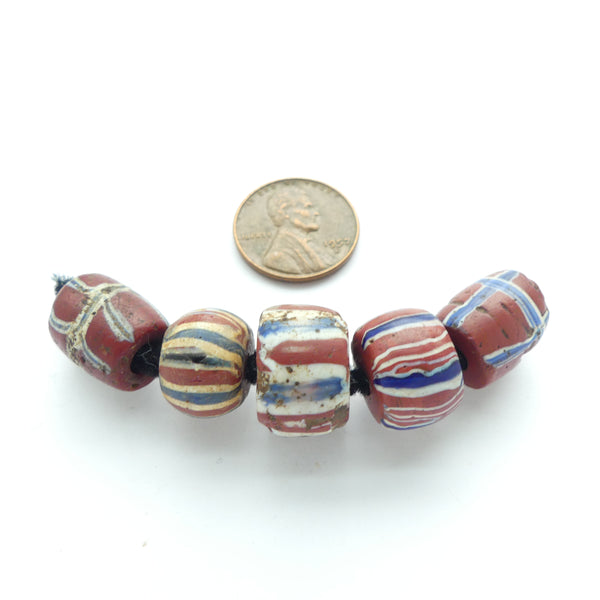 Lampwork, Antique Venetian, Brown Trade Beads with White & Blue Stripes, Set of 5