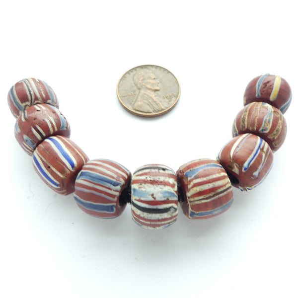 Lampwork, Antique Venetian, Brick Brown with Fine White and Blue Stripes, Set of 9