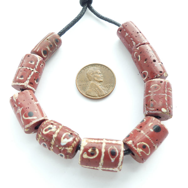 Lampwork, Antique Venetian, Brown Tic Tac Toe Beads Showing Their Age, Set of 9
