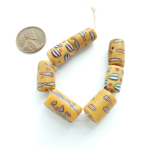 Lampwork, Antique Venetian, Amber Color Glass With Red, White & Blue "Flags", Set of 7