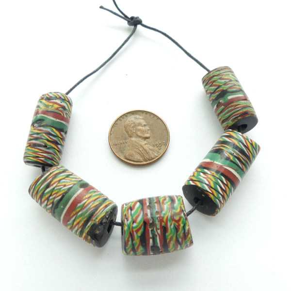 Lampwork, Antique Venetian, Green Kente Beads, Long, Set of 5