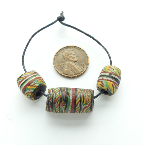Lampwork, Antique Venetian, Green Kente Beads, Set of 3