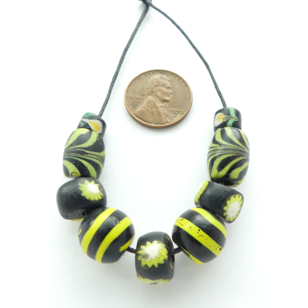 Antique Venetian Lampwork, Rare Black & Lime Feathered Beads & More, Set of 9