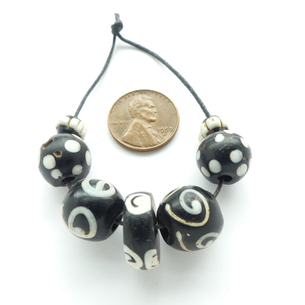 Lampwork, Antique Venetian, Black and White Zen & Skunk (Eye) Bead Mix, Set of 7