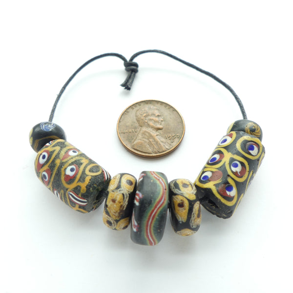 Lampwork, Antique Venetian, Collector/Designer Group of Black Beads, Set of 7
