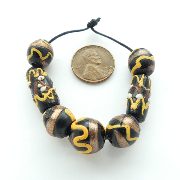 Lampwork, Antique Venetian, Black with Yellow & Aventurine Gold Glass, Set of 7