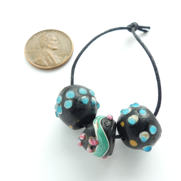 Lampwork, Antique Venetian, Black with Turquoise Raised Dots & Other Decor, Set of 3