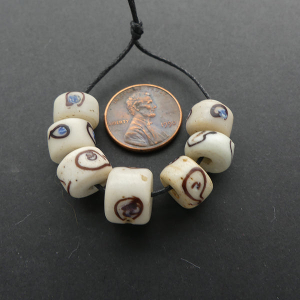 Lampwork, Antique Venetian, White Short Cylinders with Blue & Brown Eyes, Set of 7