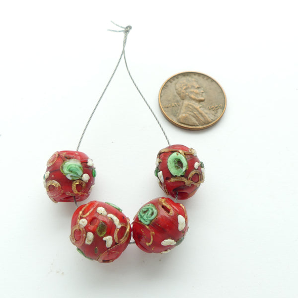 Lampwork, Antique Venetian, Red Wedding Cake Beads, 17mm Diameter, Set of 4