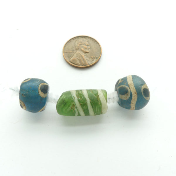 Antique Roman or Islamic Beads from the African Trade, Blue and Green,  Set of 3
