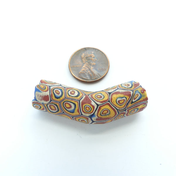 Millefiori Antique Trade Beads, Elbow with Classic Warm Circles Murrine, 43x12mm