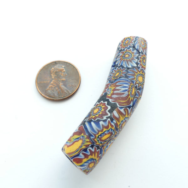 Millefiori Antique Venetian Trade Bead, Elbow with Classic Multi-Color Chevrons, 55x13mm