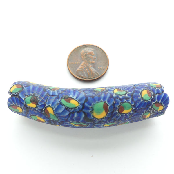 Millefiori Antique Venetian Trade Bead, Elbow, Large Blue Chevron with Pie Center, 54x13mm