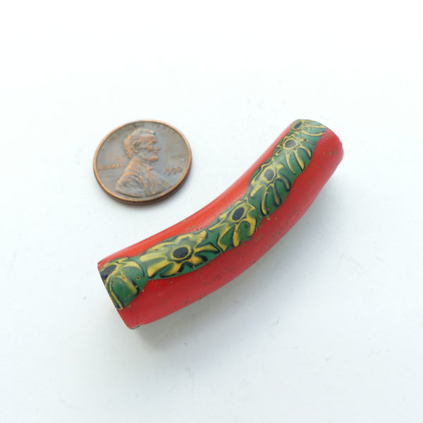 Millefiori Antique Venetian Trade Bead, Red With Olive Green & Amber Murrine,  Elbow 45x12mm