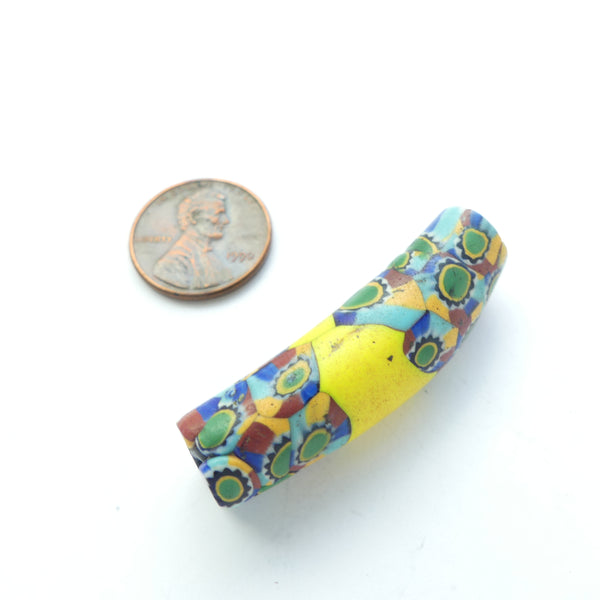 Millefiori Antique Venetian Trade Bead, Elbow 42x12mm  Complex Pie Murrine with Turquoise