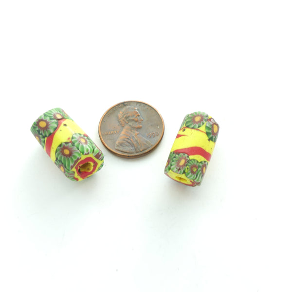 Millefiori Antique Trade Beads, Yellow & Red with Green Chevron Murrine, Set of 2