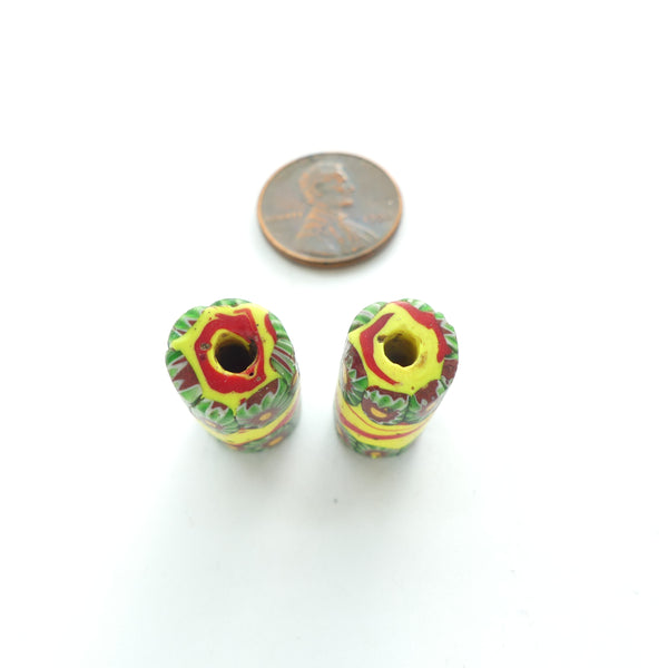 Millefiori Antique Trade Beads, Yellow & Red with Green Chevron Murrine, Set of 2