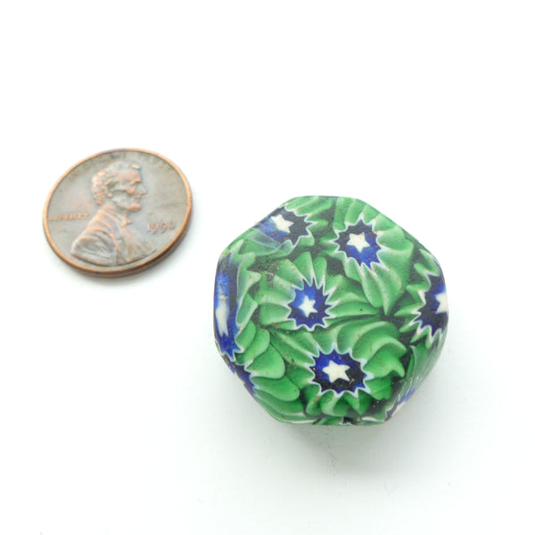 Millefiori Trade Bead, Tabular Green, White and Blue Chevron/Star Design, 25x25mm