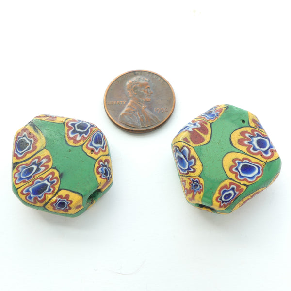 Millefiori Antique Trade Beads, Tabular Green & Mulicolor Flower Murrine, 25x25, Sold Individually