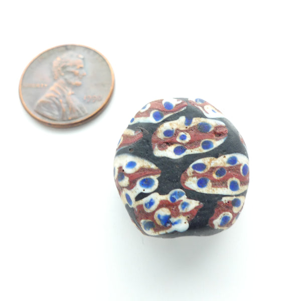 Lampwork, Antique Venetian Trade Bead, Tabular 22mm diameter, Black with Red/White/Blue