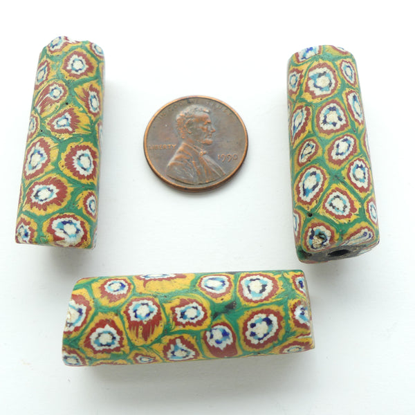 Millefiori Antique Trade Beads, Surprising Bundled Canes with Turquoise, 34x12mm, Sold Individually