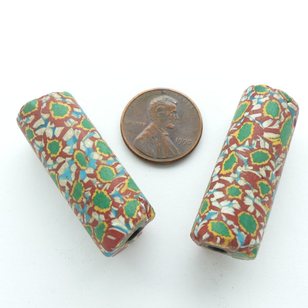Millefiori Antique Trade Beads, Like a Field of Multicolor Flowers, 34x13mm, Sold Individually