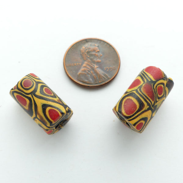 Millefiori Antique Venetian Trade Beads, Small Red/Black/Amber, 17x10mm, Sold by the Pair