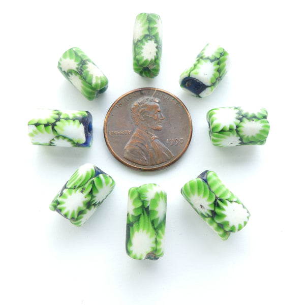 Millefiori Antique Trade Beads, Mini Green and White Chevron Patterns, 11x7mm, Sold by Pairs