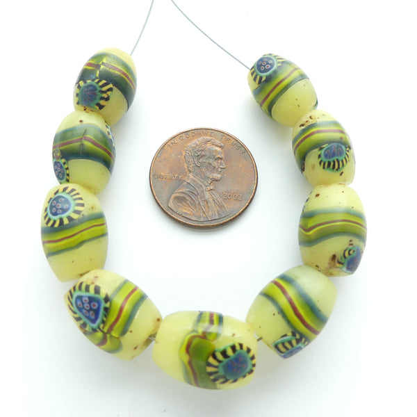 Millefiori, Antique Venetian Trade Beads, Olive Shape "Peacock" Pattern, Sold Individually