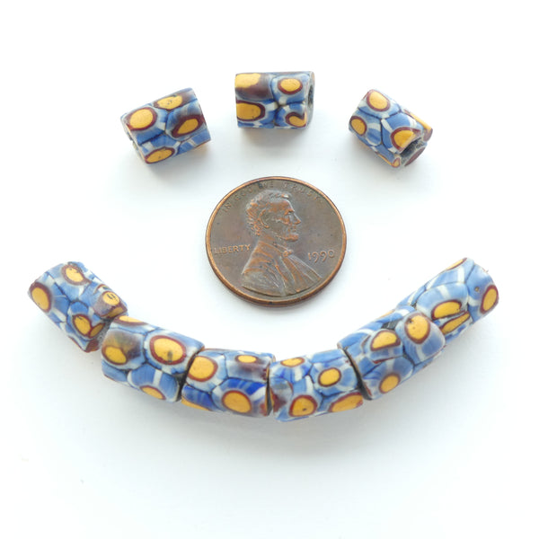 Millediori Antique Trade Beads, Mini Blue, Brick & Amber Beads, 10x7mm, Sold Individually