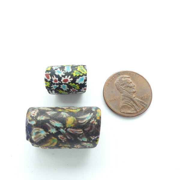 Millefiori Antique Venetian Trade Beads, Multicolor Tiny Flowers on Black, Set of 2