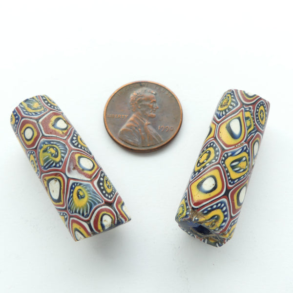 Millefiori Antique Trade Beads, Matched Pair with Two Complimentary Patterns, 32x12mm, Sold as a Pair