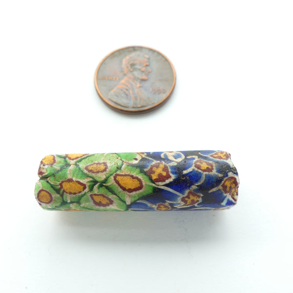 Millefiori Antique Trade Bead, Pairing of Blue & Green Patterns, 34x11mm