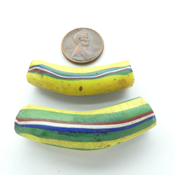 Millefiori Antique Trade Beads, Yellow & Green & More Stripes, Large4 47x13mm, Set of 2