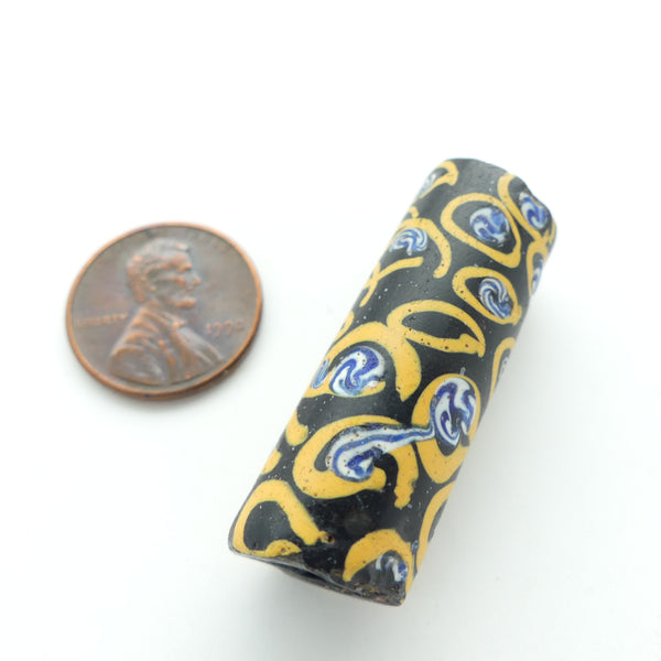 Lampwork, Antique Venetian, Large Black Cylinder with Amber & Blue/White Eyes, 37x13mm