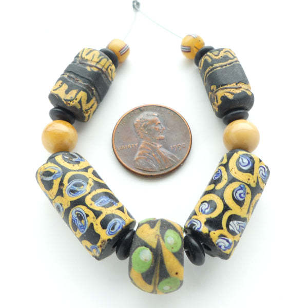 Antique Venetian Lampwork, Black Collector/Designer Set of 5 Beads