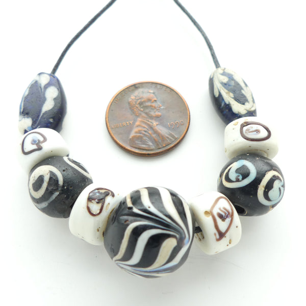 Antique Venetian Lampwork, Black & White Collector/Designer Set, Set of 9 Beads