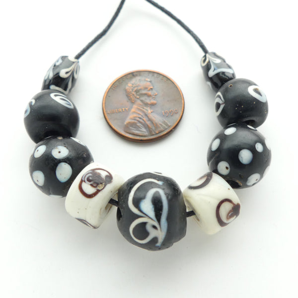 Lampwork, Antique Venetian Black & White Trade Beads Asst Patterns, Set of 9