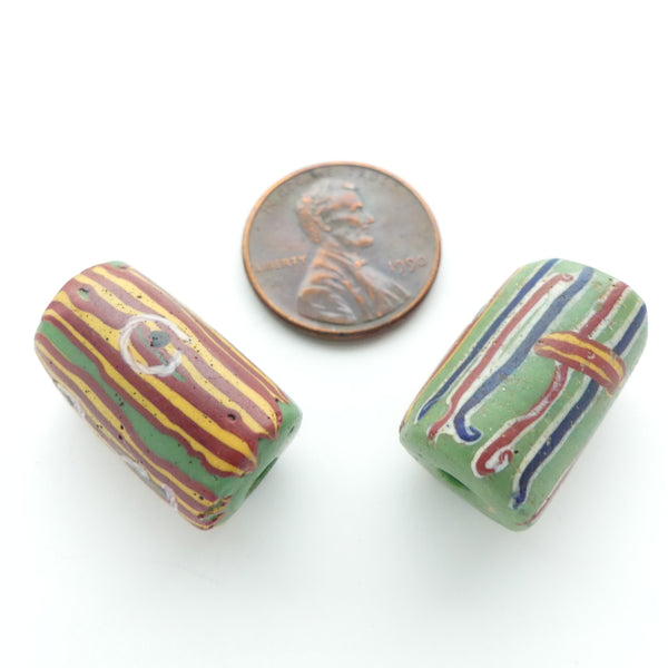 Lampwork, Antique Venetian, Green Cylinders with Red & Amber Lines and Eyes, Set of 2