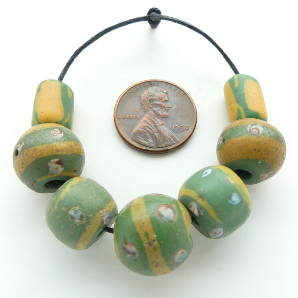 Lampwork, Antique Venetian, Green & Amber Collector Designer Set of 7 Beads