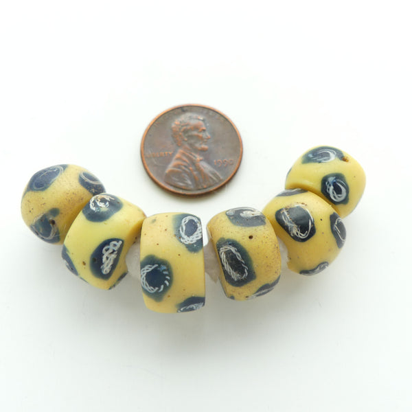 Lampwork, Antique Venetian, Amber Short Barrels with Blue and White Eyes, Set of 6
