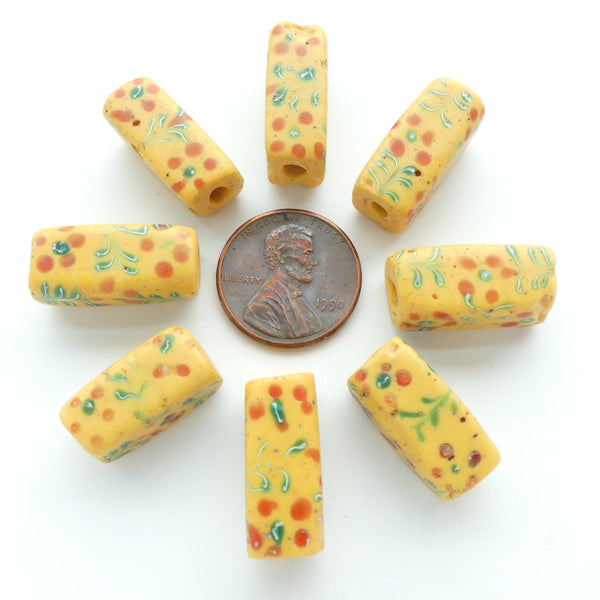 Lampwork, Antique Venetian Trade Beads, Brick Shape with Pink & Green Flowers, 20x10mm, Sold Individually
