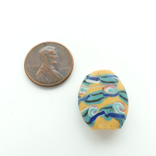 Lampwork, Antique Venetian Trade Beads, Amber Tabular with Green & Blue, 20x17x6mm