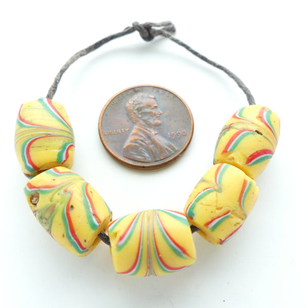 Lampwork, Antique Venetian, Set of 5 Yellow Feathered Beads with Red & Green Decoration
