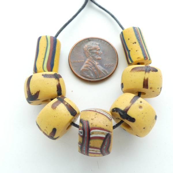 Lampwork, Antique Venetian Trade Beads, Amber Oblates & Tubes Rare Design, Set of 7