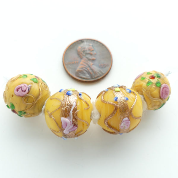 Lampwork, Antique Venetian Fancy Beads Yellow with Raised Floral Designs & More, Set of 4