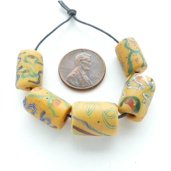 Lampwork, Antique Venetian Trade Beads, Amber 3 Shapes with Floral Designs, Set of 5