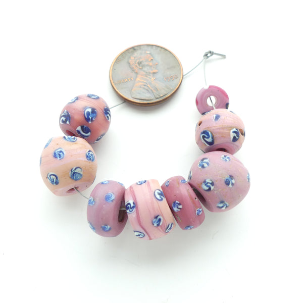 Lampwork, Antique Venetian Pink Eye Beads, Set of 8 in Assorted Shapes & Sizes