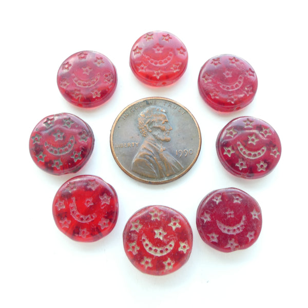 Bohemian, Coin Shape, Red with Moon & Stars, 12mm Diameter, Sets of 8