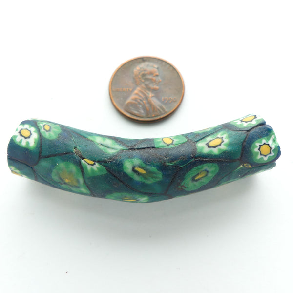 Millefiori Antique Venetian Trade Bead, Large Elbow with Amber & White Flowers, 53x13mm